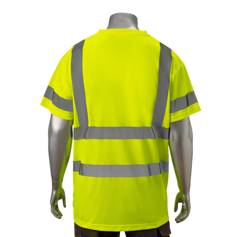 Class 3 Polyester Double Band Reflective Tape Safety T-Shirt W/ Pocket | Back side | Safety yellow